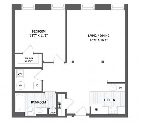 Floor plan for 1 bed, 1 bath, 763 sqft